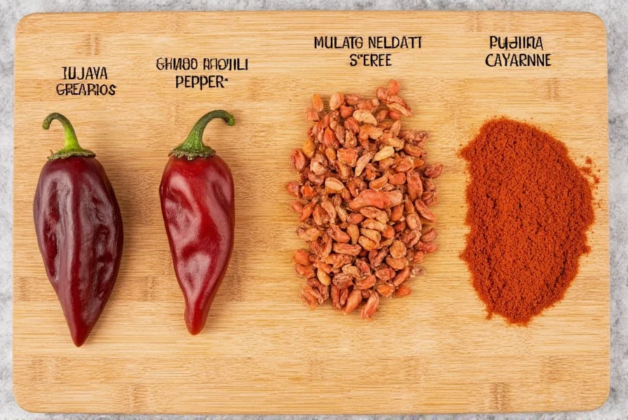 Comparison of ancho chili substitutes including guajillo peppers, mulato peppers, and paprika-cayenne blend arranged on wooden cutting board