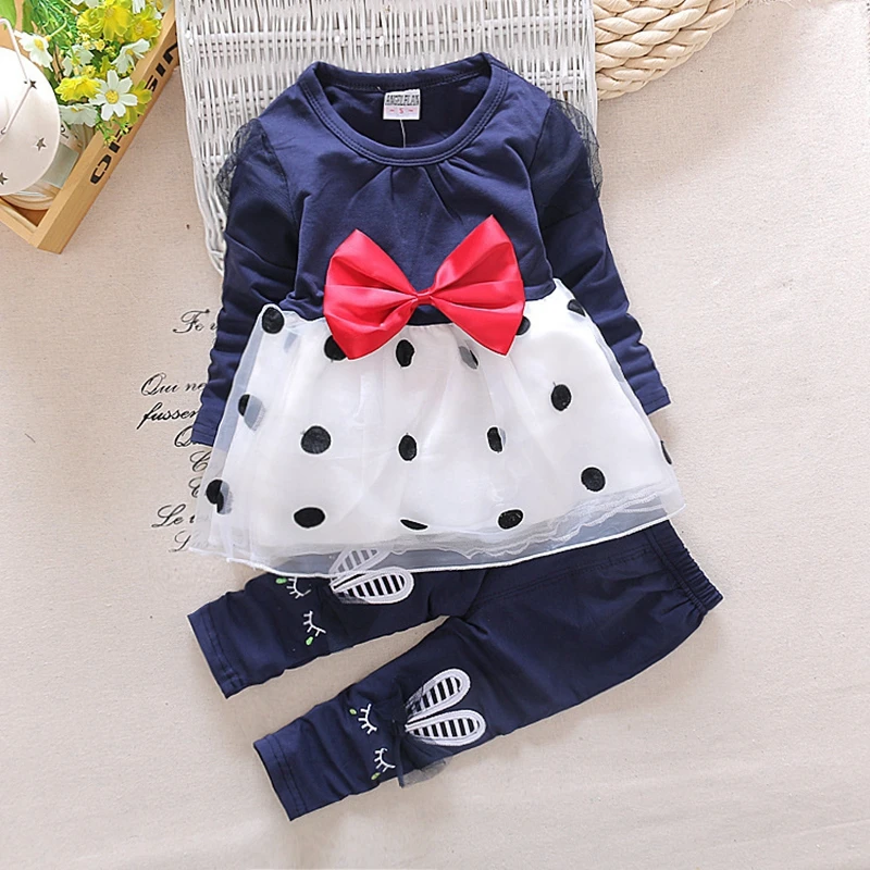 

Spring Princess Party Suits Toddler Baby Girl Bowknot Long Sleeve Dot Princess Dress+Rabbit Pants Set