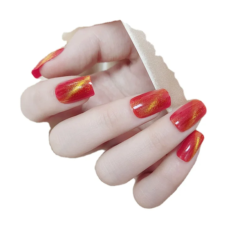 

2022 Hot Sale Long flaming red cat eye nail art finished 24 piece box can be taken off free with fake nail patch press on nails