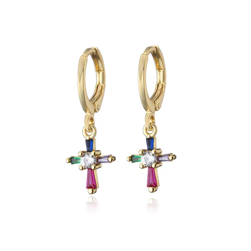 

Mini Cute CZ 18k Real Gold Plating Christian Cross Dangle Earrings Colorful Cubic Zirconia Cross Circle Huggie Earrings