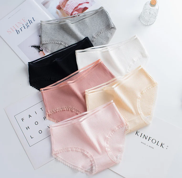 

new good quality women breathable mid-rise brief threaded cotton panties, Black,white,gray