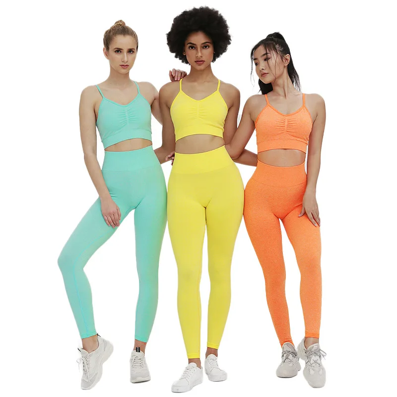 

Hot Sales 14 Colors Knitting Seamless Women Yoga Sets Lift The Hips Women Workout Fitness Yoga Suit 2 Pieces Women Sportswear