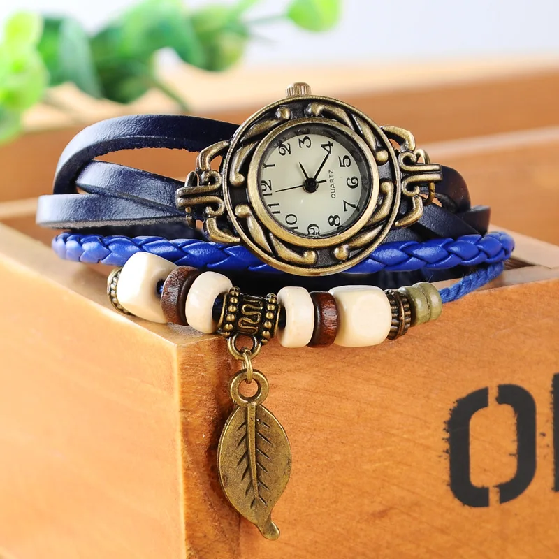 

Hot Selling Leather Ladies Quartz Vintage Retro Watch Wrap Bracelet Watch