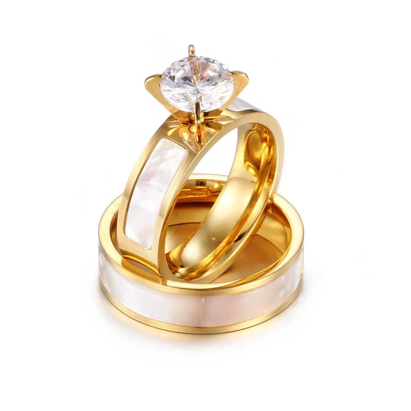 

New Design Zircon Wedding Ring 18K Gold Plated Stainless Steel Ring Sets
