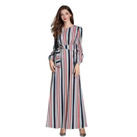 

Stripe Maxi Dress Long Sleeve Robe Large Size Slim Muslim Abaya