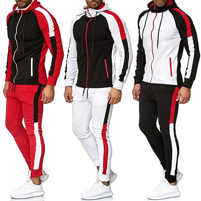

Winter Casual Pieces Track Tracksuits Sweatpants Sportswear Zip Up Suits Hoodies 2pcs Patchwork Sets Hooded Pullover for Men