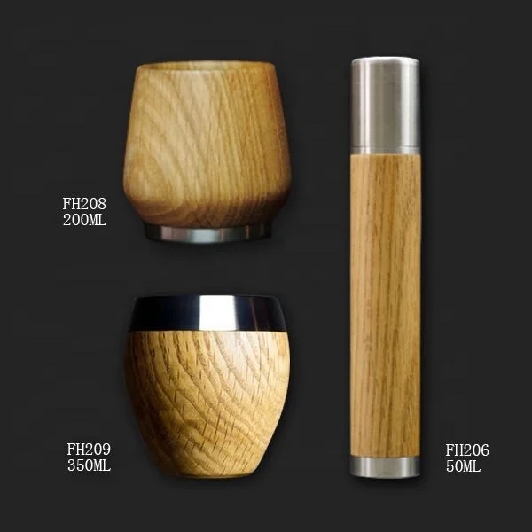 

2020 Promotional portable cylinder-shaped vacuum Natural bamboo material whiskey cup, stainless steel whiskey cup, wooden flask