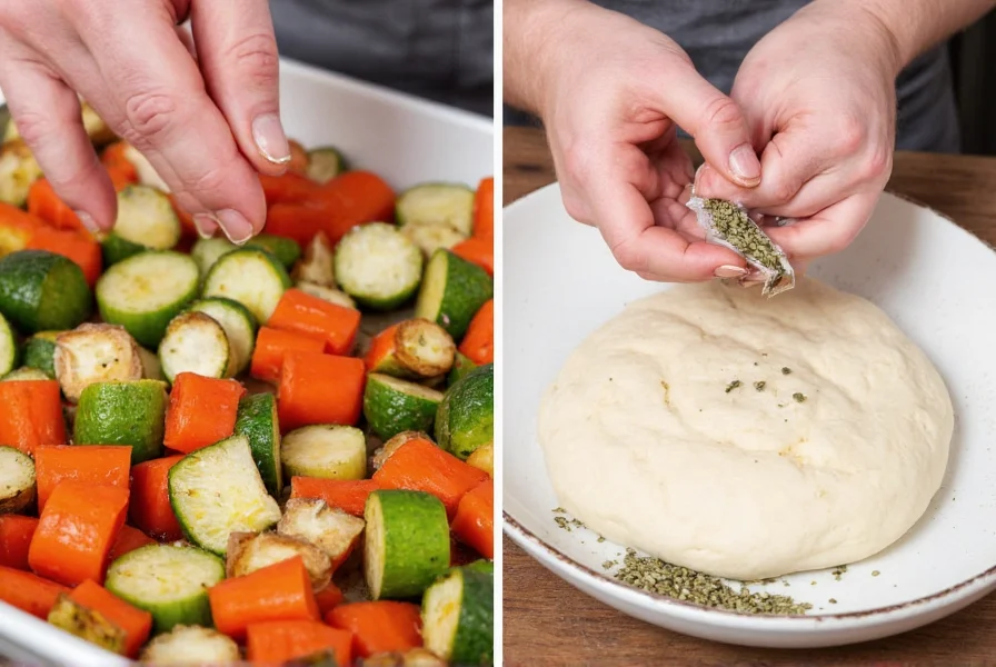Chef seasoning roasted vegetables with celery salt and adding whole celery seeds to bread dough