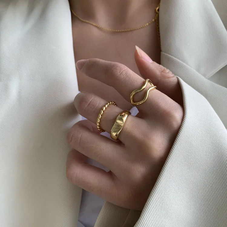 

3pcs Geometric Irregular Twisted Rope Finger Ring Brass Gold Plated Index Finger Rings set, As picture
