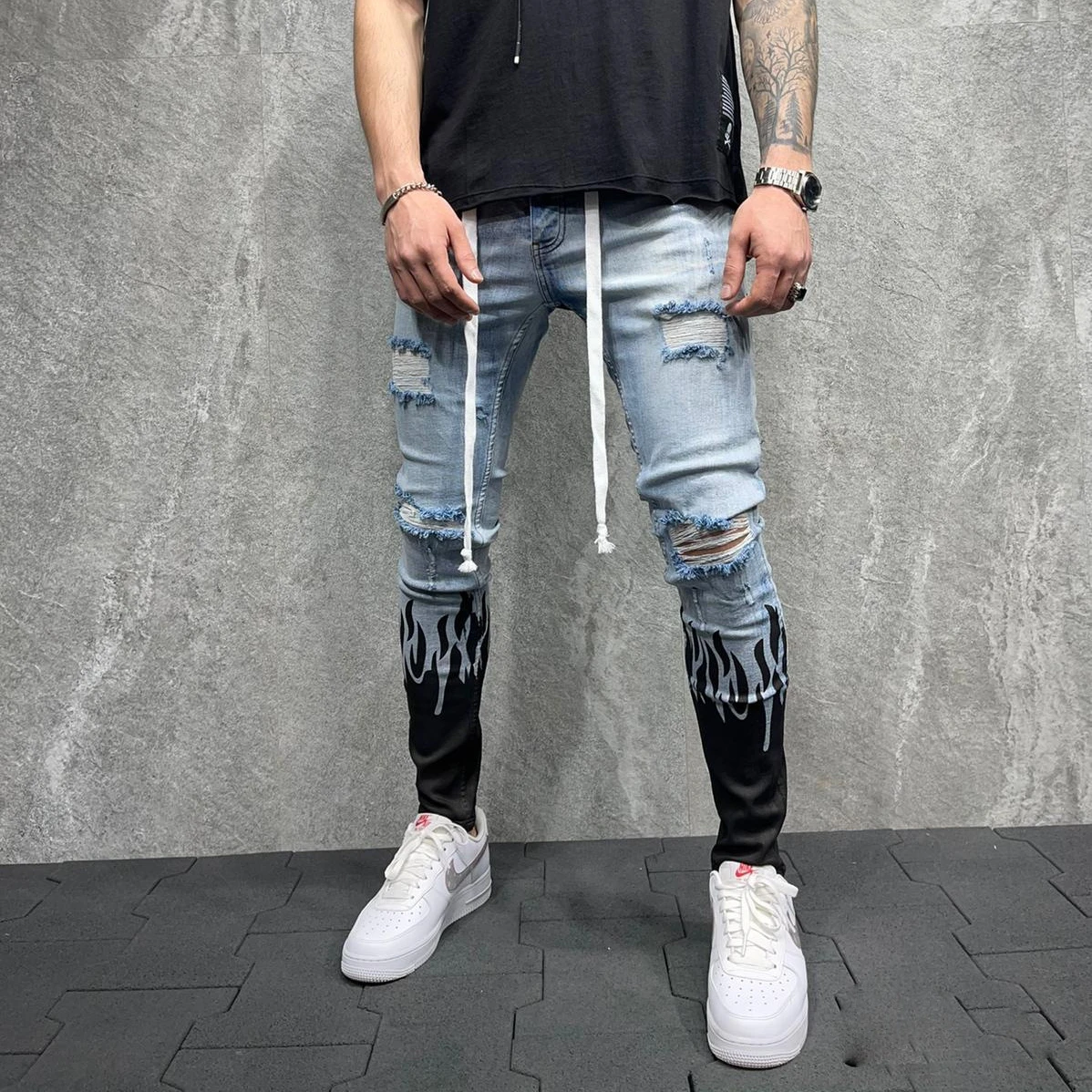 

plus size Men's jeans slim ripped jeans printed flame fashion personality skinny denim tethered jeans, Picture