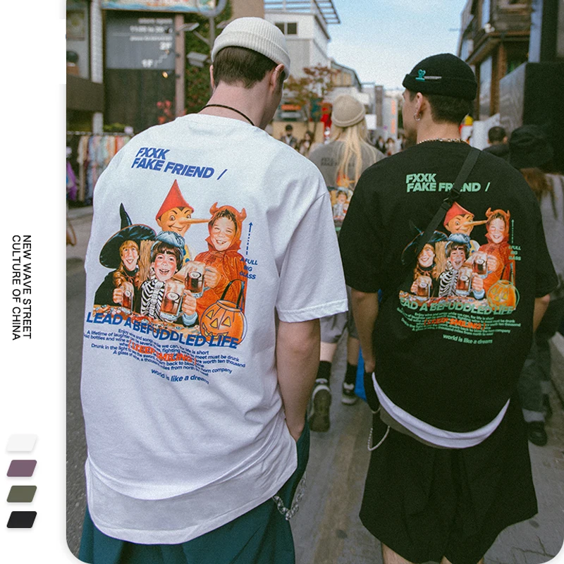 

Custom Wholesale Summer Loose 100% Cotton Men 265g Casual Short Sleeve Harajuku Print vintage Graphic washed Hip Hop T-Shirt Men