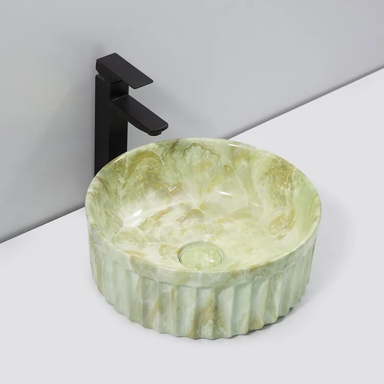 green-marble-bathroom-sink-9743-P-520-angled-top-view-fluted-exterior-green-onyx-cloud-swirl-pattern-amber-vein