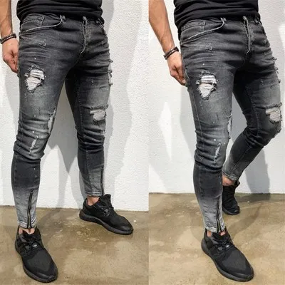 

Black Jeans Pants Top Quality mens jeans Skinny Slim Ripped Distressed Wear Denim Fashion Skinny Jeans Man, As picture