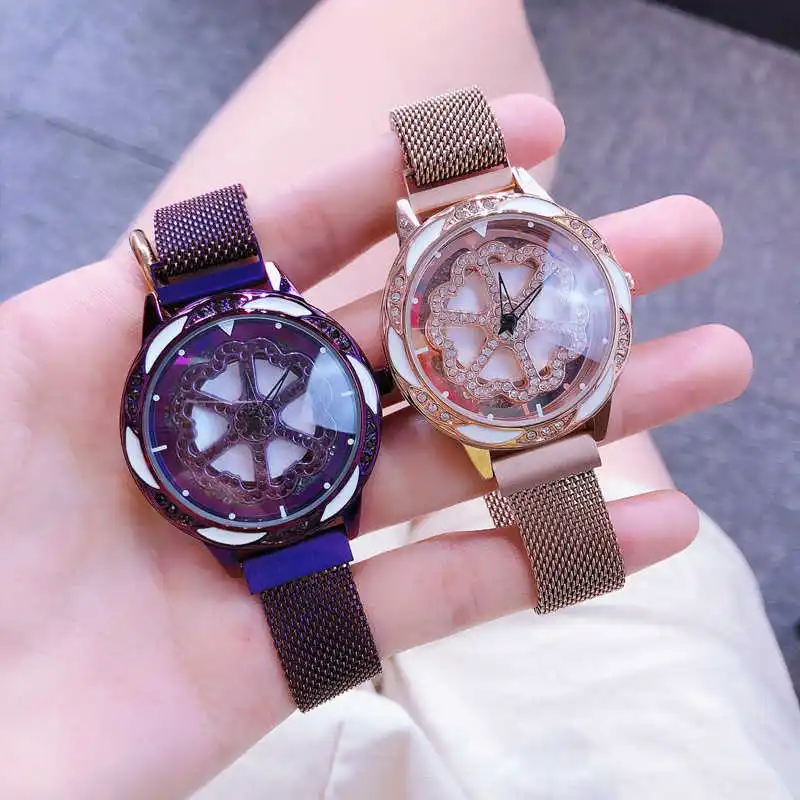 

Latest Popular Rotatable Flowers Wrist Watches Jewelry For Womens Stainless Steel Mesh Strap Rhinestone Reloj Quartz Watches, Purple/blue/green/gold