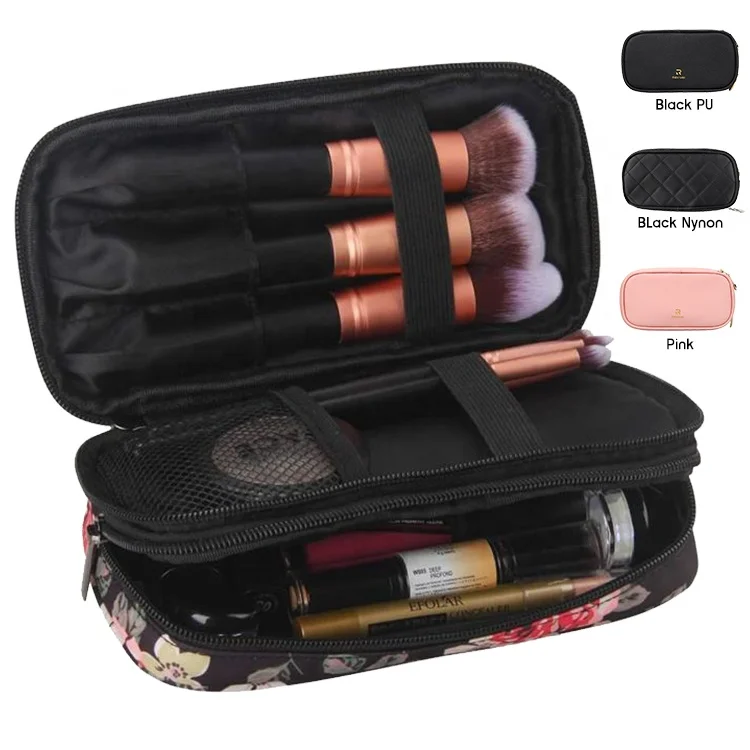 

Relavel Small Flowery Portable Compact 2 Layers Nylon Travel Makeup Cosmetic Pouch Bag for Girls, Black