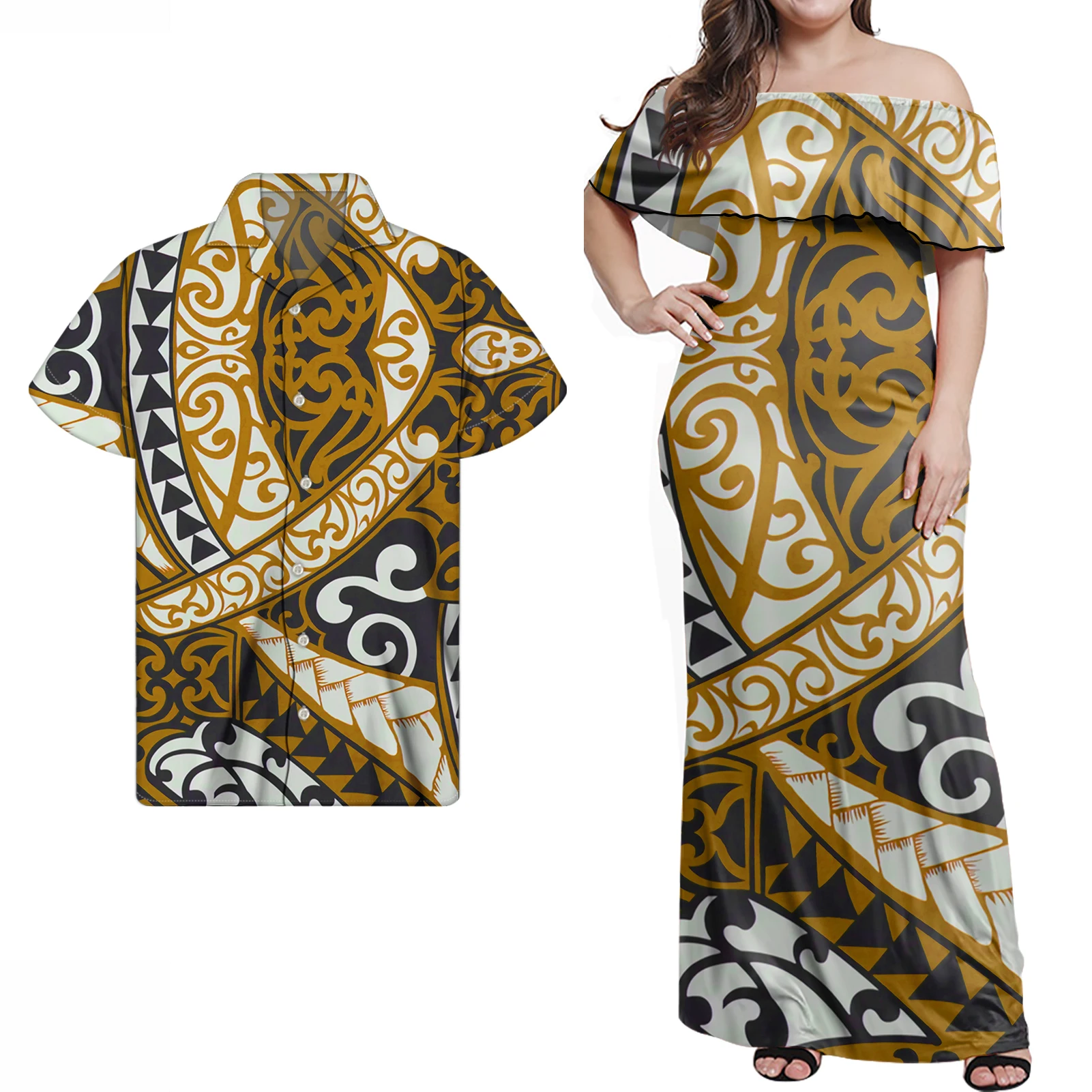 

Brownness Polynesian samoa Tribal Printed Dress Couple 2 pcs Casual Women Ruffle Off Shoulder Dresses Match Men Shirts
