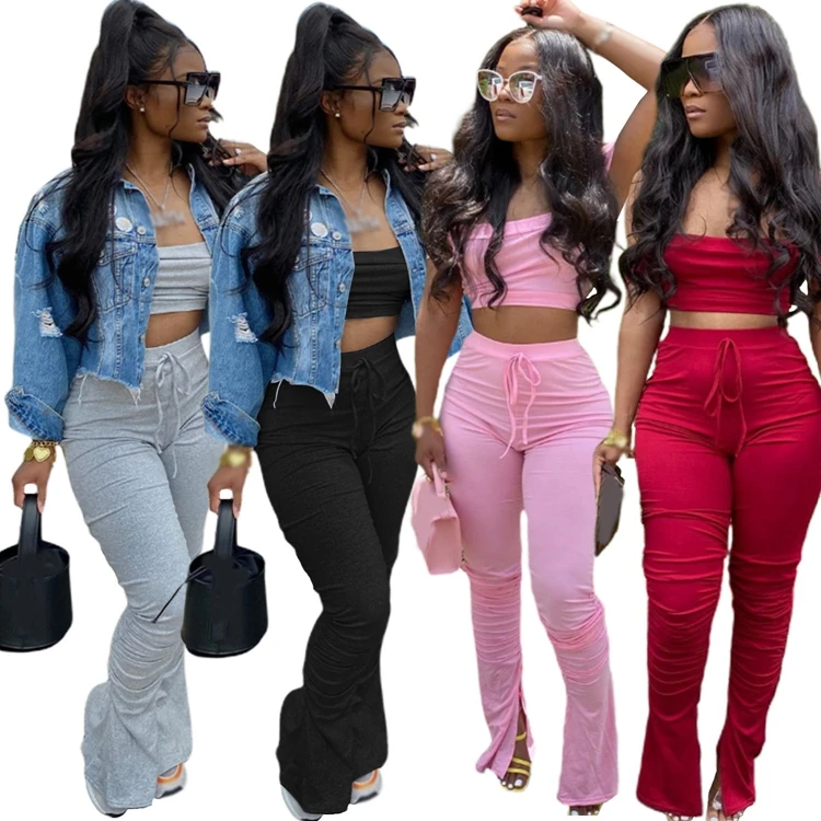 

New arrivals cotton polyester women clothing crop tops two piece set stacked pleated pants