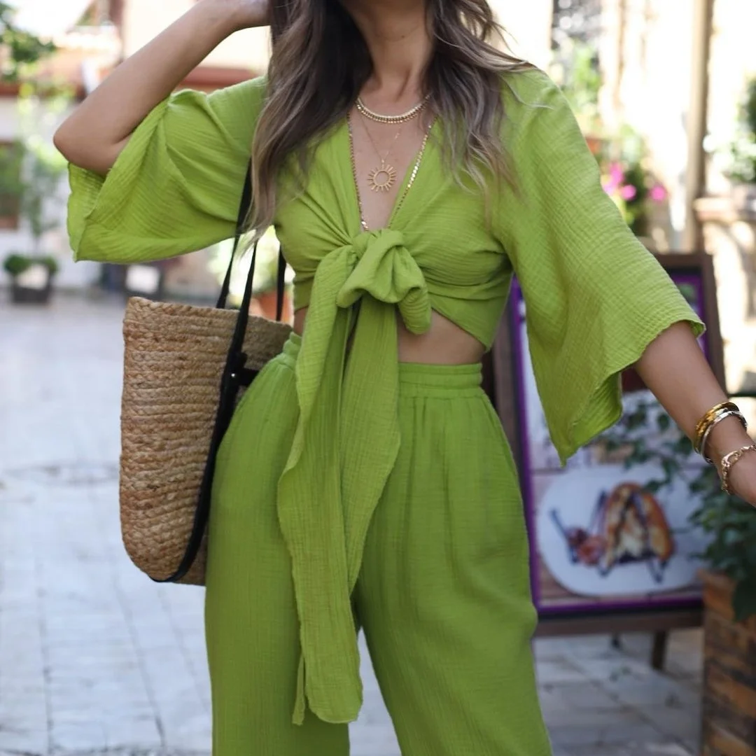 

2 piece set women fall 2023 European and American women's fashion flare sleeve tie up shirt high waisted straight pants set