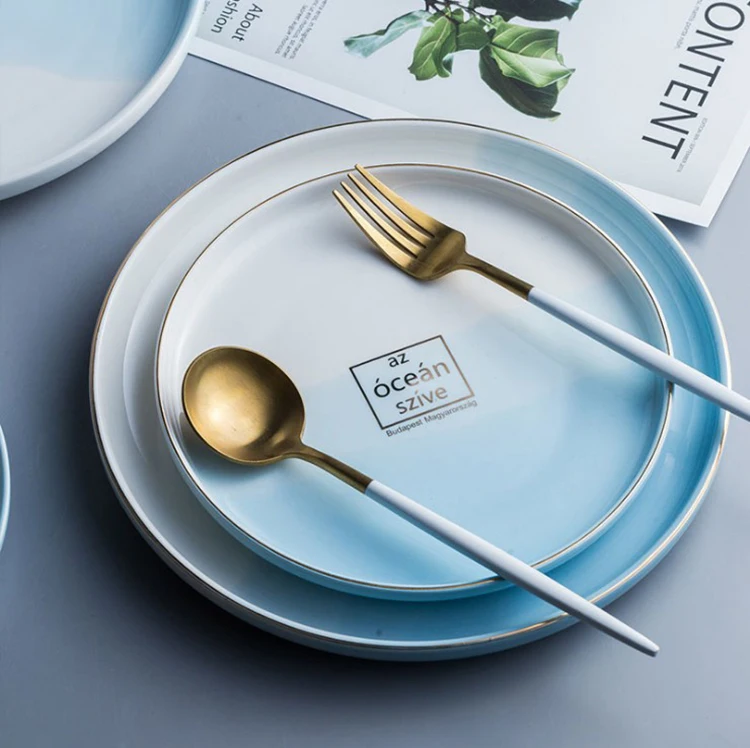 

Nordic style creative blue ceramic gradient plate round western steak salad plate for home hotel restaurant