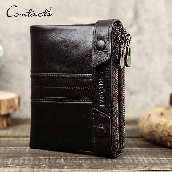 

CONTACT'S Women Genuine Leather RFID Blocking Wallet Casual Double Zipper Pocket Large Capacity Short Leather Coin Purse Wallet, Red, green, grey, blue and black