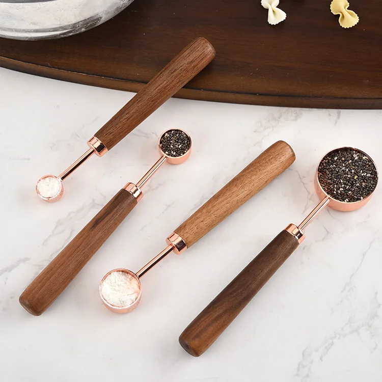 

Wholesale Kitchen Baking Accessories copper plated wooden handle stainless steel Wooden Measuring Spoon