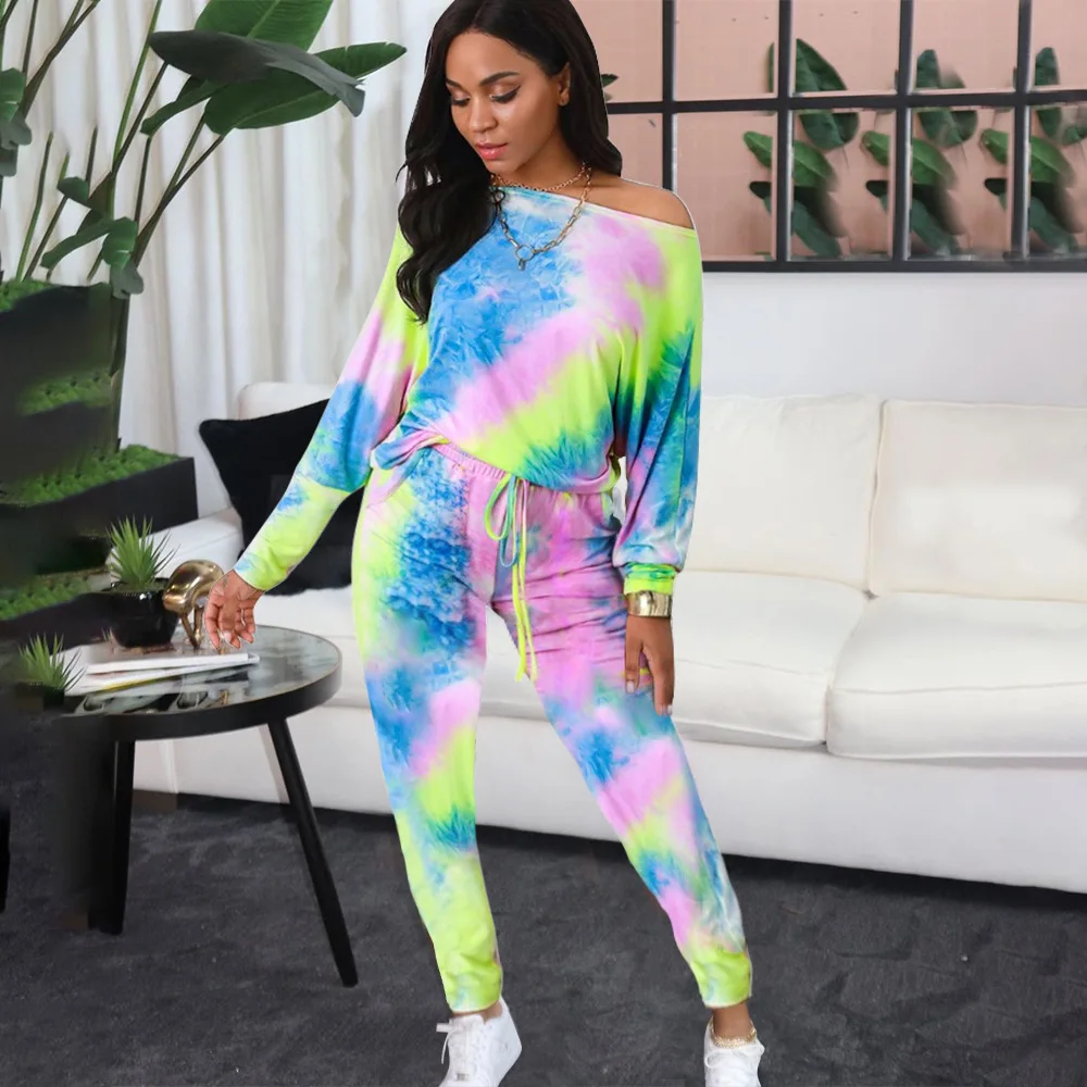 

FREE SAMPLE JHTH Youth fashion women's tie-dye two-piece suit new big round neck women's suit oblique shoulder