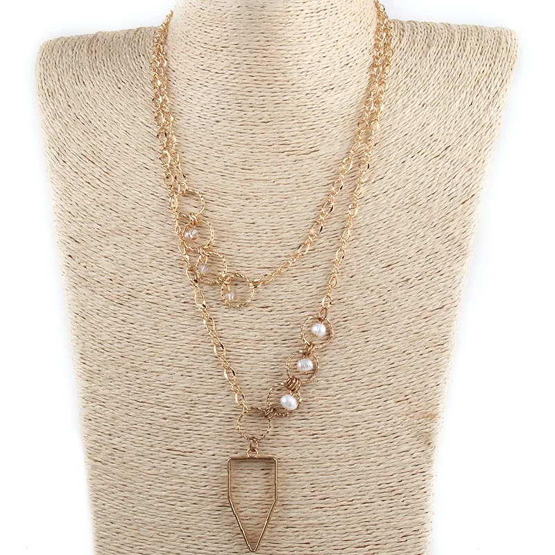 

Fashion Delicate 2 Layer Alloy Chain Natural Stone Crystal Glass collar de perlas Metal Geometry Pendant Choker Necklace
