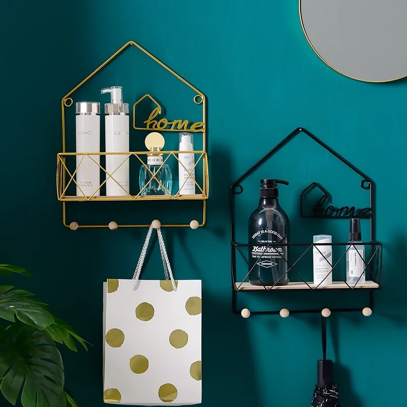FUDA896 Ins Wind Bathroom Wrought Iron Wall Shelf Creative Hangers Keyless Punch Storage Bag Umbrella Hanger