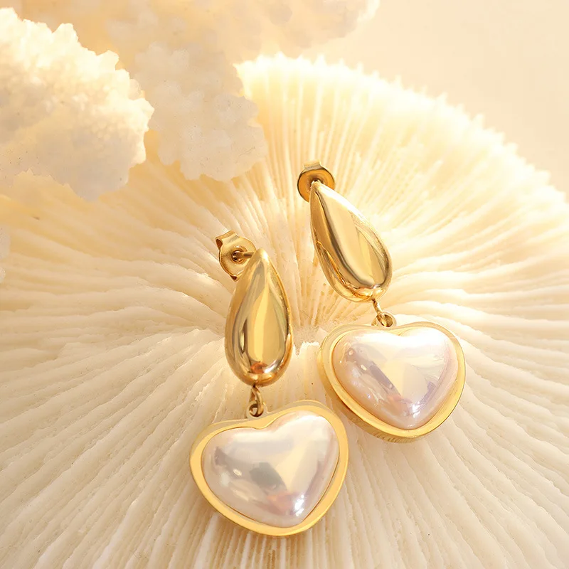 

America Hot Sale 18K Real Gold Plated Glass Pearl Heart Earrings No Fade Stainless Steel Love Heart Shaped Statement Earrings