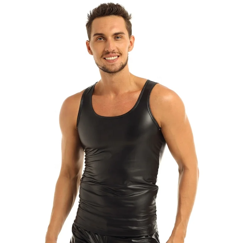 

New Arrived Black Vest Tank Top Mens Leather Sleeveless Tank Top Shirt Clubwear