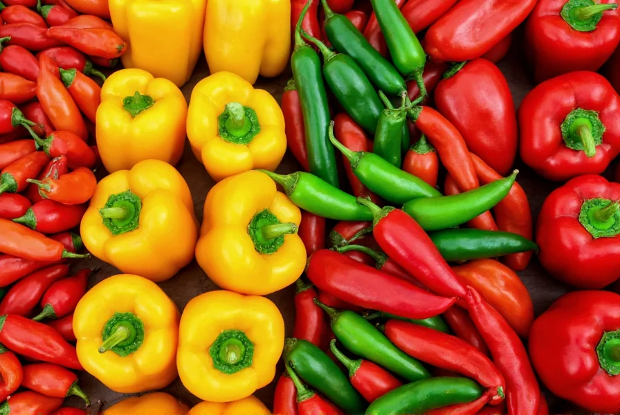 Colorful array of different pepper and chilli varieties showing bell peppers, jalapeños, habaneros, and ghost peppers arranged by heat level