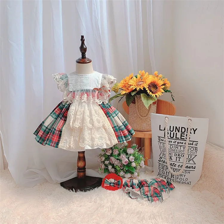 

2021 Kids Boutique Clothes Girl Spanish Plaid Lace Dresses Children Spain Lotia Ball Gowns Baby Birthday Easter Baptism Clothing