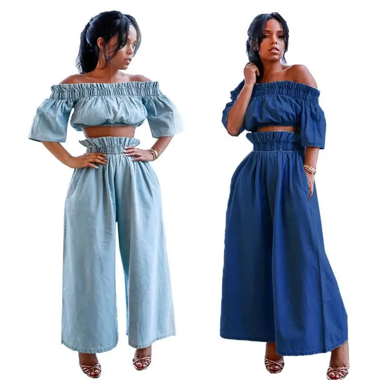 

Wholesale Women Fashion A Word Shoulder Denim Suits Ruffled Short Sleeves Crop Top Wide Leg Pants Casual Party Wear for Lady, Blue,light blue