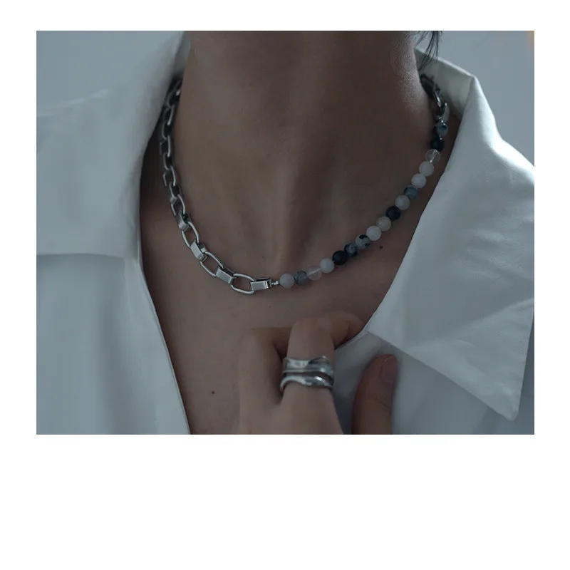 

Fashion INS Platinum Plated Link Choker Chain Necklace New Design Simple Black White Natural Stone Chain Necklace For Women