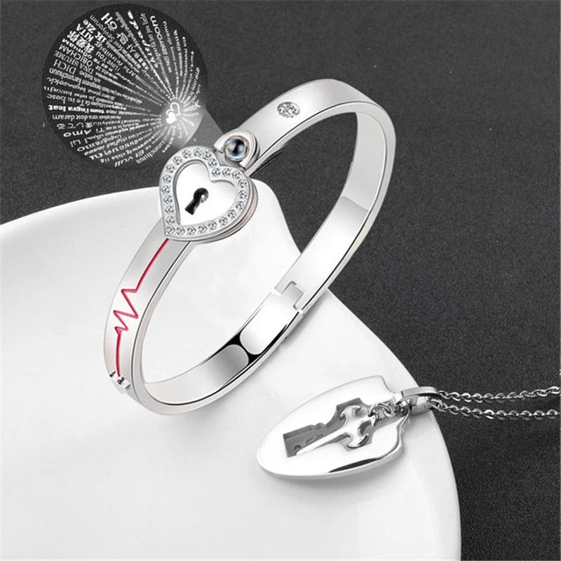 

I Love You 100 Language Womens Couple Bangles Jewelry Sets Necklace Bracelet, As picture