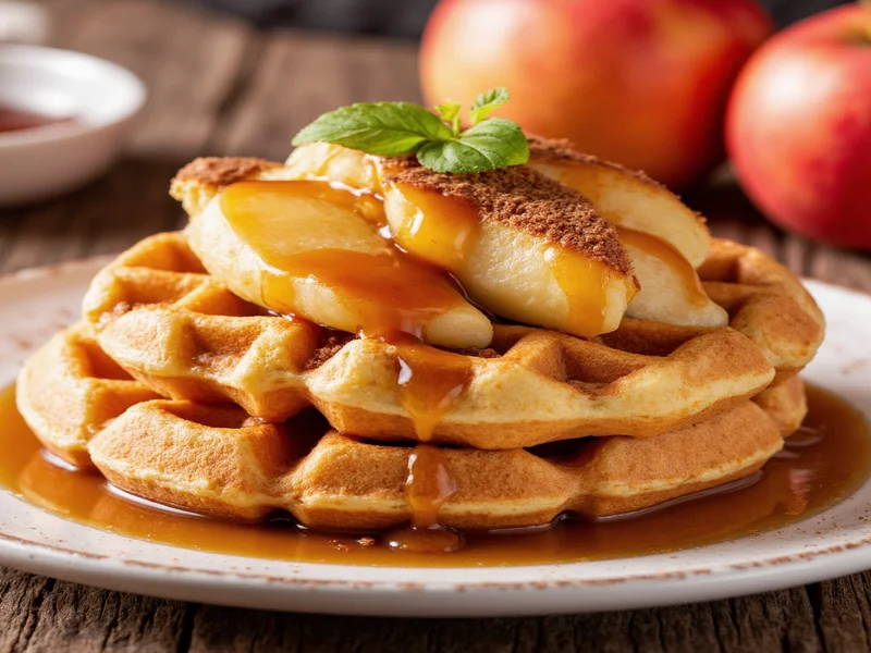 Cinnamon-apple homemade waffles with caramel sauce