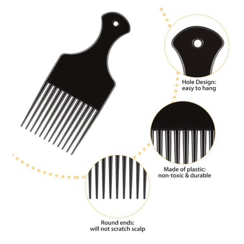 

Customized logo insert afro hair pick wide comb wide tooth comb detangling fork comb, Black