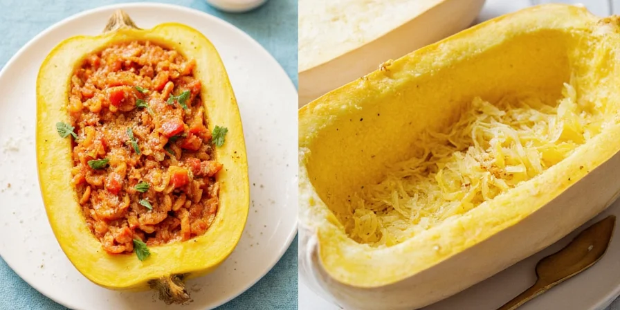Spaghetti squash halves on baking sheet with spices
