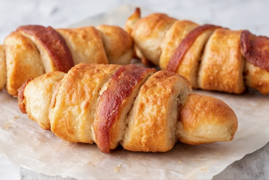 Step-by-step preparation of bacon cinnamon roll twists showing dough rolling, bacon weaving, and twisting technique
