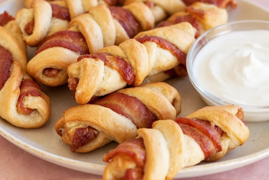 Finished bacon cinnamon roll twists with cream cheese drizzle on rustic wooden board