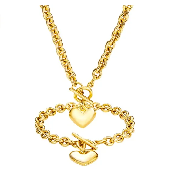 

Stainless Steel Plated 18k Gold Heart Chain Necklace Bracelet Charm Toggle Chain Stainless Steel Valentines Gifts Jewelry Sets