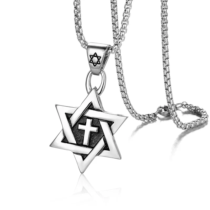 

Punk Silver Tone Amulet Titanium Stainless Steel Mens Hexagram Star of David Pendant Jewelry Necklace For Men, Antique silver