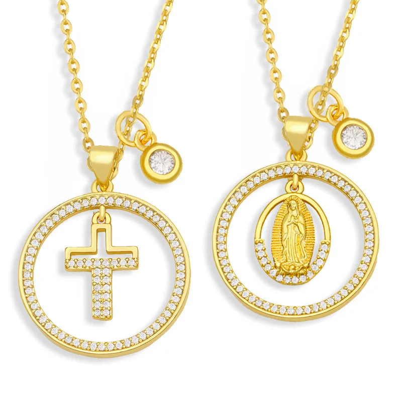 

New Arrival Accessory 18k Gold Plated Virgin Mary Micro Paved Cross Pendant Necklace Mother of God Circle Necklace