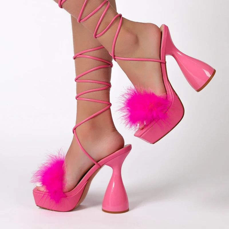 

New Style Feather Women Sandals Platform Ankle Cross-Tied Shoes Strange High Heel Female Nightclub Prom Shoe