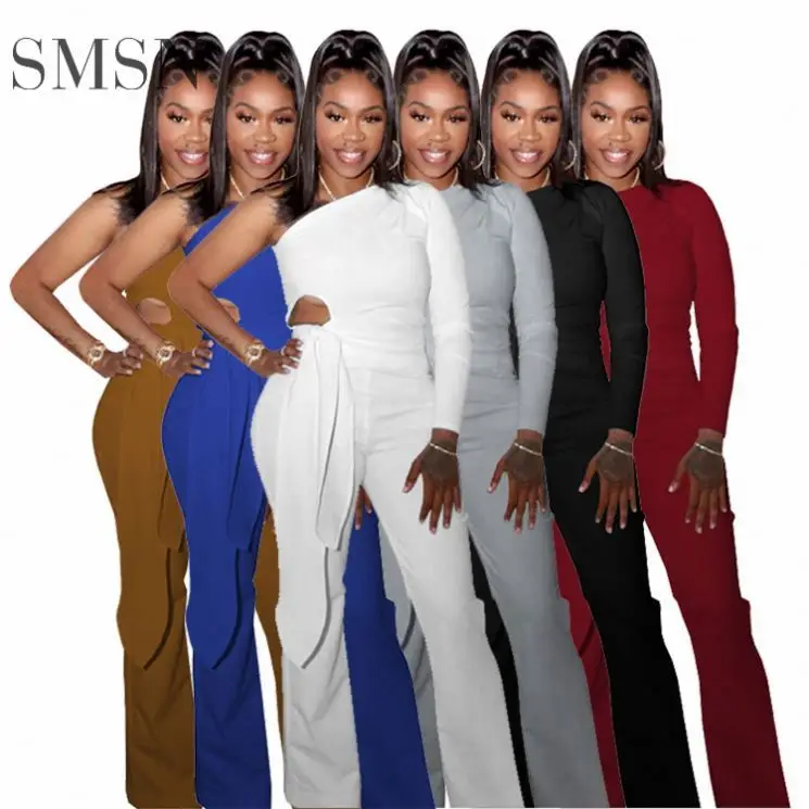 

TINA Amazon 2021 Solid Color One Shoulder Loose Elegant Two Pieces Sets Pants Women Office Sets