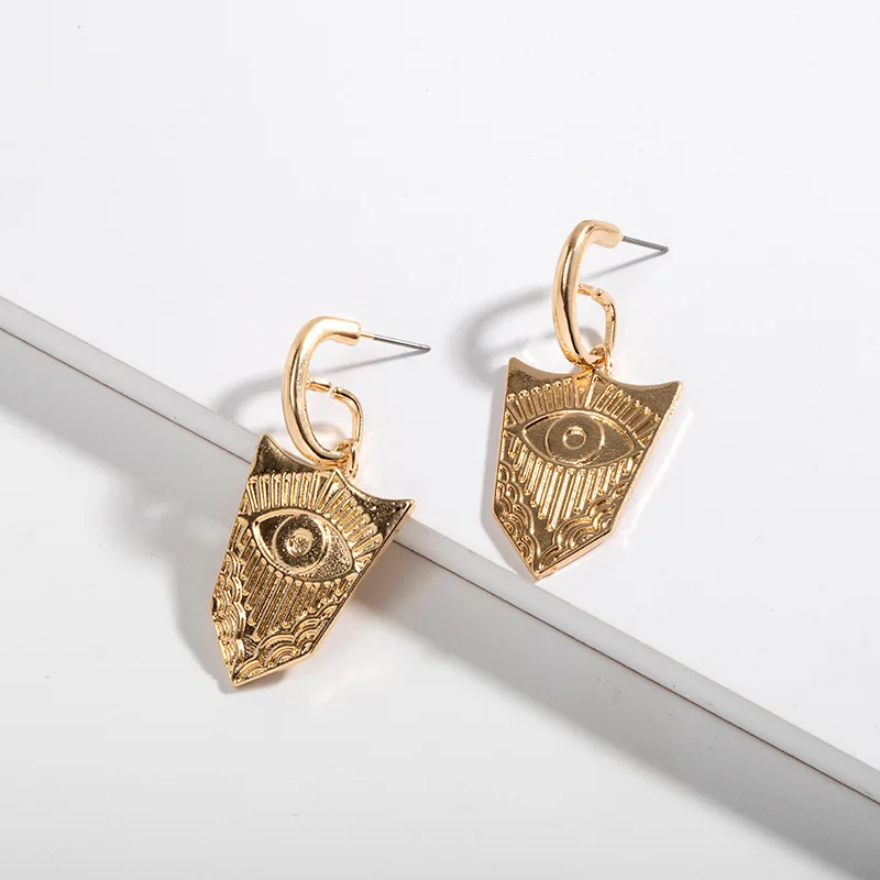 

New Arrival Vintage 18K Gold Plated Shield Drop Earring Retro Engraved Evil Eyes Dangle Earrings For Women