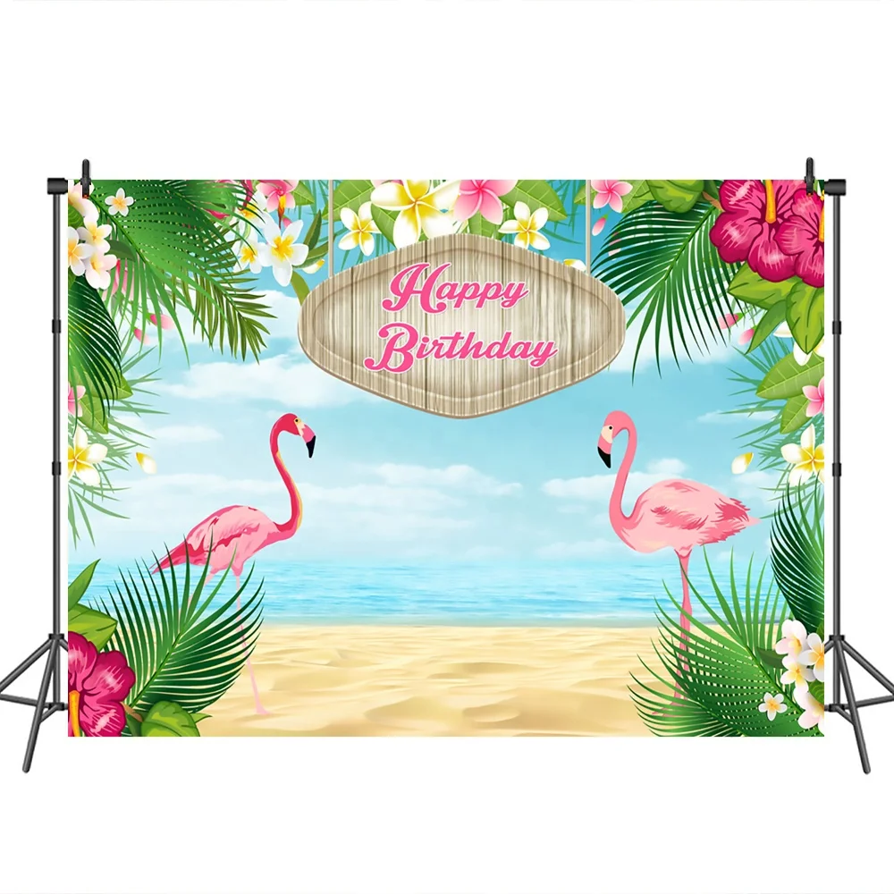 

Summer Theme Birthday Backdrop Tropical Sea Beach Flamingo Party Banner Background Decoration Props, Customized