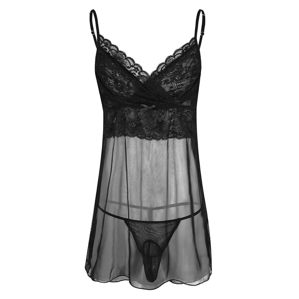 

2pcs/set Mens Mini Dress With G-string Transparent Sheer Sleeveless Mesh Nightwear Teddy Sleepwear Sexy Lingerie