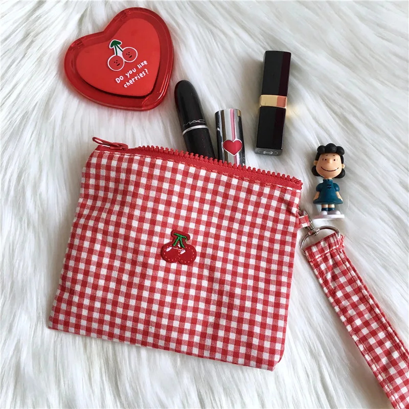 

Cotton Fabric Cherry Embroidery Red Plaid Zipper Card Holder Make Up Clutch Bag