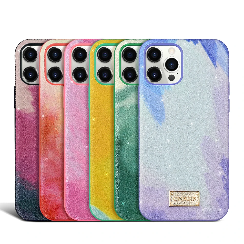 

Bling Bling Watercolor Painting Leather Luxury Phone Case For iPhone 11 12 Pro Max XS Mobile Phone Case, 6 colors